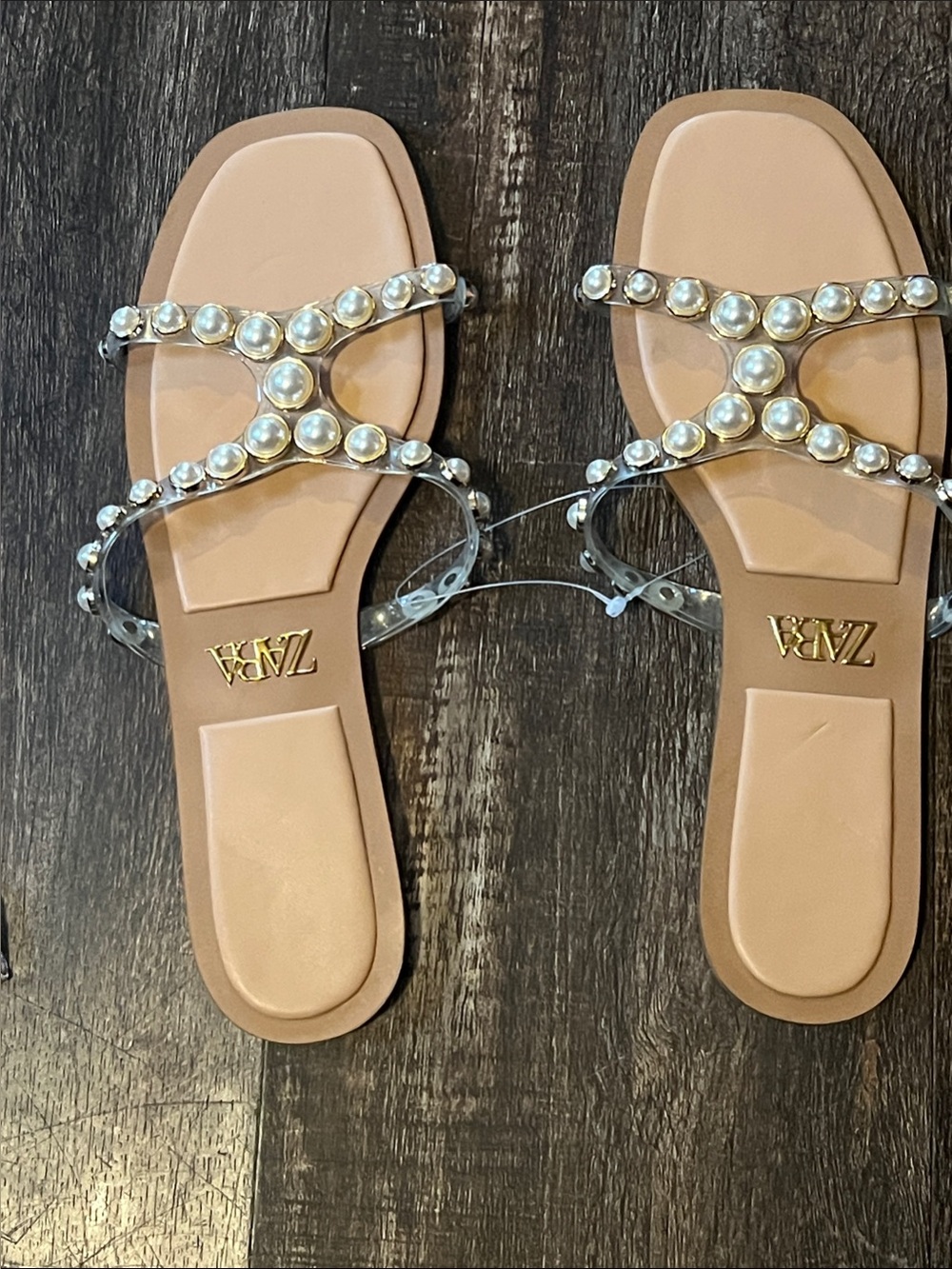 ZARA Pearl-Strap Tan Slide Sandals - Picture 4 of 5